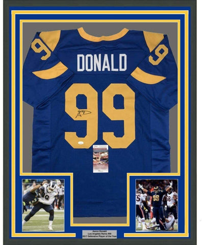 Framed Autographed/Signed Aaron Donald 33x42 LA Retro Blue Jersey JSA COA