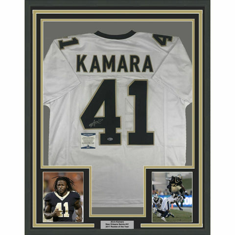 FRAMED Autographed/Signed ALVIN KAMARA 33x42 White Football Jersey Beckett COA