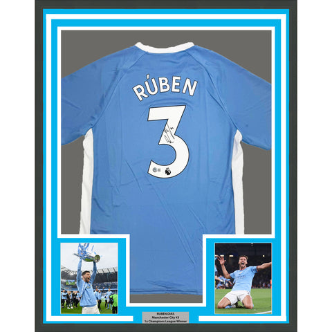 Framed Autographed/Signed Ruben Dias 35x39 Manchester City Jersey Beckett COA #2