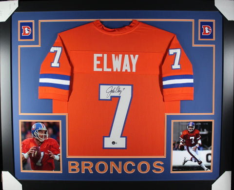 John Elway Autographed/Signed Pro Style Orange Framed Jersey BAS 44589