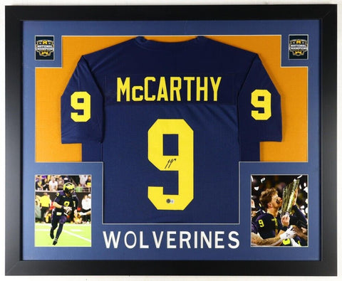 J J McCarthy Signed Michigan Wolverines 35x43 Framed Jersey (Beckett) Vikings QB