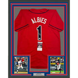 Framed Autographed/Signed Ozzie Albies 35x39 Atlanta Red Baseball Jersey JSA COA