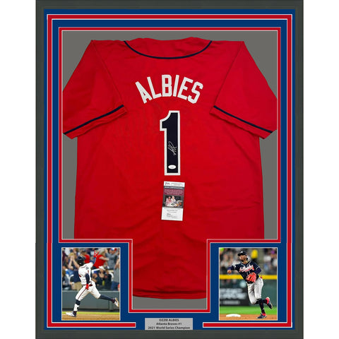 Framed Autographed/Signed Ozzie Albies 35x39 Atlanta Red Baseball Jersey JSA COA