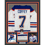 Framed Autographed/Signed Paul Coffey 35x39 Edmonton White Hockey Jersey JSA COA