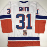 Autographed/Signed Billy Smith New York White Hockey Jersey JSA COA