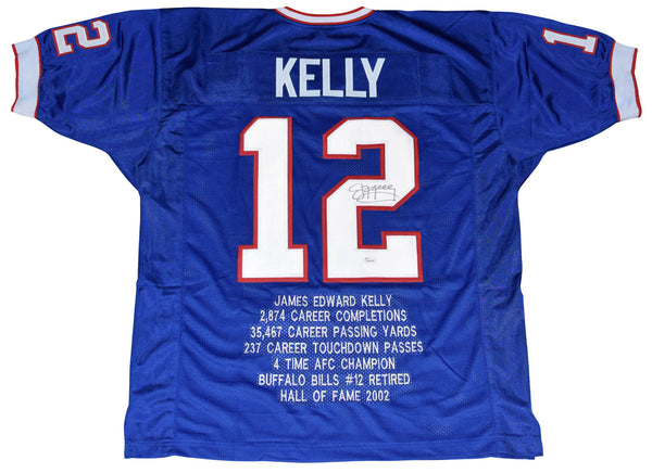 JIM KELLY SIGNED AUTOGRAPHED BUFFALO BILLS #12 BLUE STAT JERSEY JSA