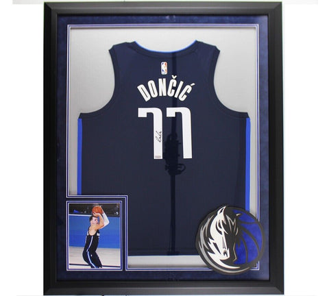 Luka Doncic Signed Dallas Mavericks LED Framed Nike Swingman Navy Blue NBA Jerse