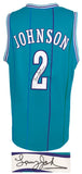 Larry Johnson (HORNETS) Signed Purple Teal Basketball Jersey - (SCHWARTZ COA)