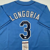 Autographed/Signed EVAN LONGORIA Tampa Bay Light Blue Baseball Jersey JSA COA