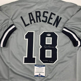 Autographed/Signed Don Larsen WS PG 10-8-56 New York Grey Jersey Beckett COA