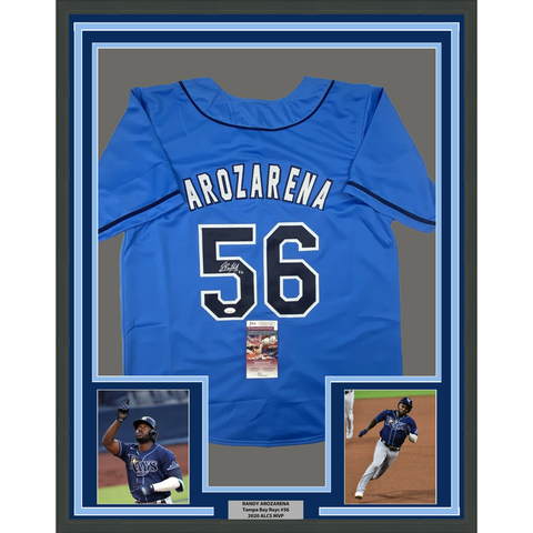 FRAMED Autographed RANDY AROZARENA 33x42 Tampa Bay Light Blue Jersey JSA COA