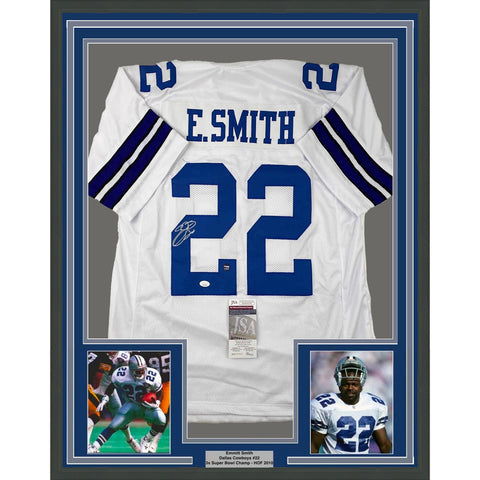 Framed Autographed/Signed Emmitt Smith 35x39 Dallas White Jersey JSA COA