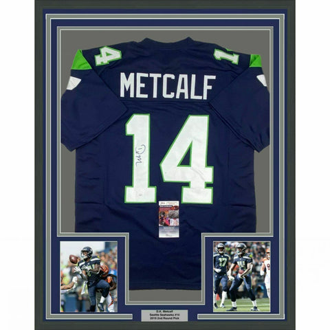 FRAMED Autographed/Signed DK D.K. METCALF 33x42 Seattle Blue Jersey JSA COA #2