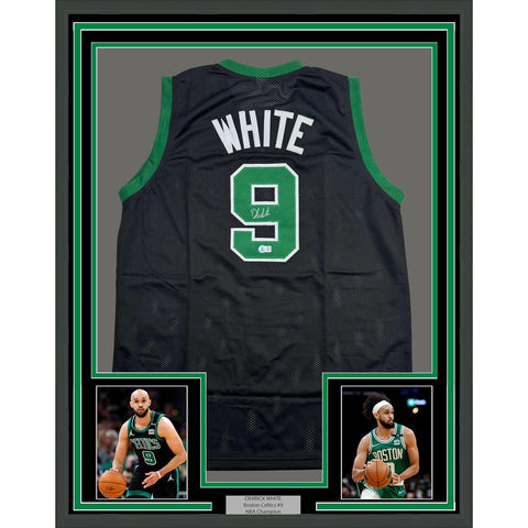 Framed Autographed/Signed Derrick White 35x39 Black Basketball Jersey BAS COA