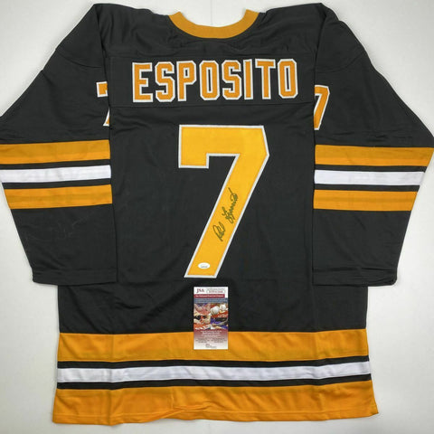 Autographed/Signed PHIL ESPOSITO Boston Black Hockey Jersey JSA COA Auto