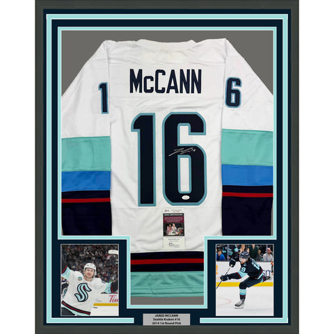 Framed Autographed/Signed Jared McCann 35x39 Seattle White Hockey Jersey JSA COA