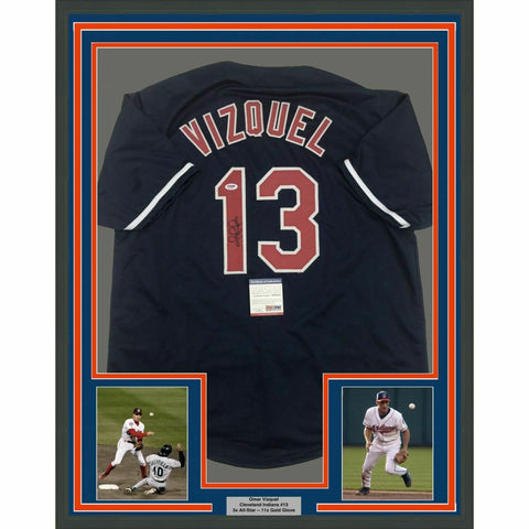 FRAMED Autographed/Signed OMAR VIZQUEL 33x42 Cleveland Blue Jersey PSA/DNA COA