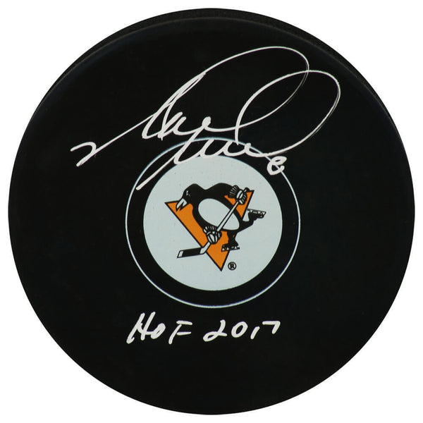 Mark Recchi Signed Penguins Logo Hockey Puck w/HOF 2017 - (SCHWARTZ COA)