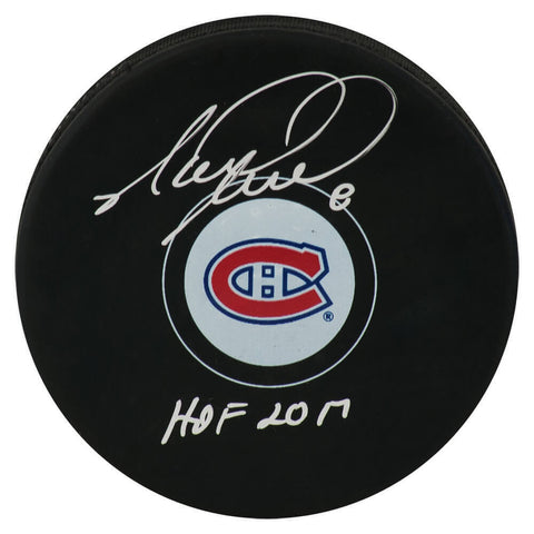 Mark Recchi Signed Canadiens Logo Hockey Puck w/HOF 2017 - (SCHWARTZ COA)