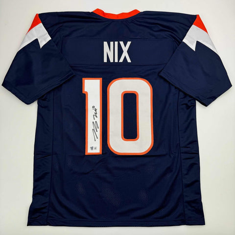 Autographed/Signed Bo Nix Denver Blue Football Jersey Beckett BAS COA