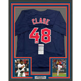 Framed Autographed/Signed Emmanuel Clase 35x39 Cleveland Blue Jersey JSA COA