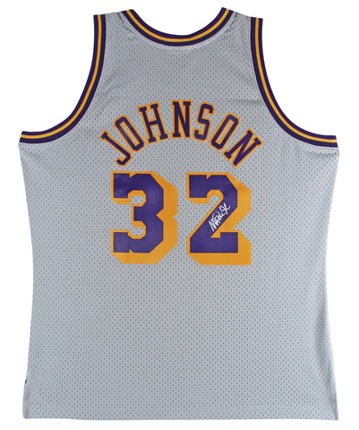 Lakers Magic Johnson Authentic Signed Grey M&N HWC Swingman Jersey BAS Witnessed