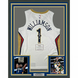 FRAMED Autographed/Signed ZION WILLIAMSON 33x42 White Nike Jersey Fanatics COA