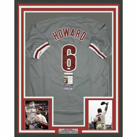 FRAMED Autographed/Signed RYAN HOWARD MVP 33x42 Philadelphia Grey Jersey JSA COA