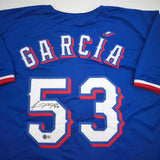 Autographed/Signed Adolis Garcia Texas Blue Baseball Jersey Beckett BAS COA