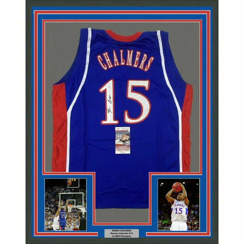 FRAMED Autographed/Signed MARIO CHALMERS 33x42 Kansas Blue Jersey JSA COA