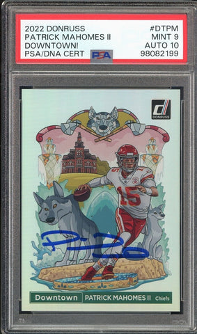 2022 Panini Donruss Downtown #DT-PM Patrick Mahomes On Card PSA 9/10 Auto MINT