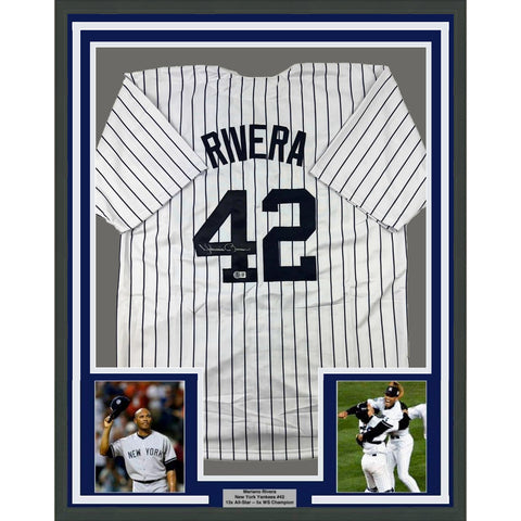 Framed Autographed/Signed Mariano Rivera 35x39 New York Jersey BAS COA Holo