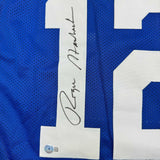 Framed Autographed/Signed Roger Staubach 35x39 Dallas Blue Jersey BAS COA