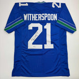 Autographed/Signed Devon Witherspoon Seattle Blue Retro Football Jersey BAS COA