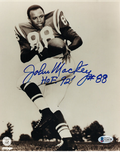 John Mackey Autographed Baltimore Colts 8x10 Photo W/ HOF 92 Beckett
