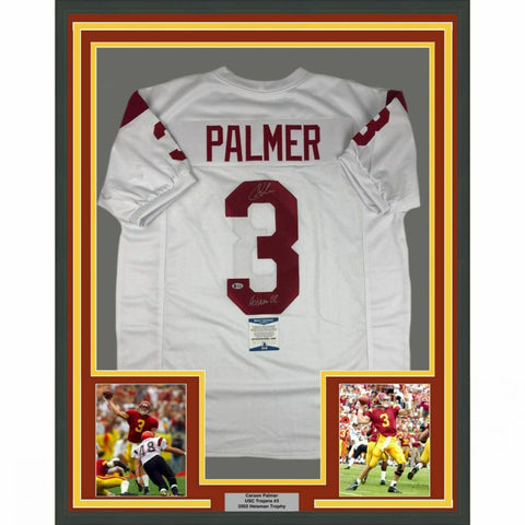 FRAMED Autographed/Signed CARSON PALMER Heisman 02 USC White Jersey Beckett COA