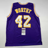 Autographed/Signed James Worthy Los Angeles LA Purple Basketball Jersey JSA COA