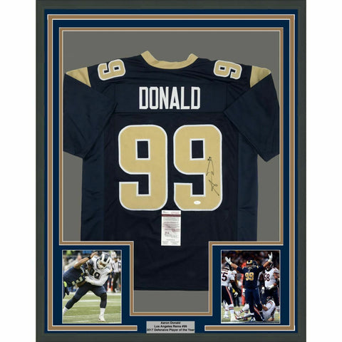 FRAMED Autographed/Signed AARON DONALD 33x42 Los Angeles LA Blue Jersey JSA COA