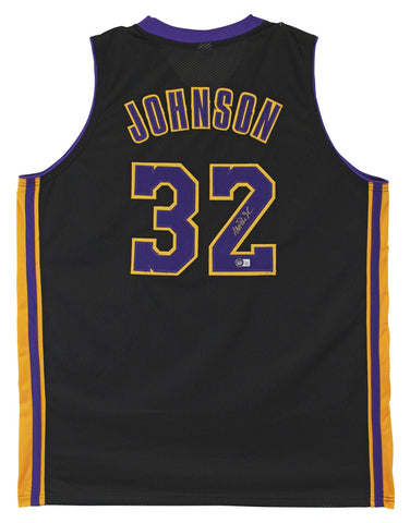 Magic Johnson Authentic Signed Black Pro Style Jersey Purple Numbers BAS Witness