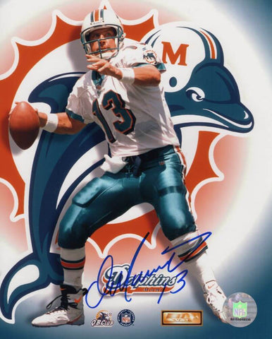 Dan Marino Signed Dolphins Logo Background Action 8x10 Photo - (SCHWARTZ COA)