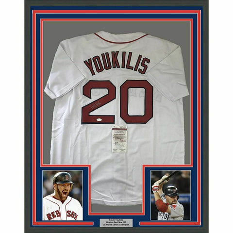 FRAMED Autographed/Signed KEVIN YOUKILIS 33x42 Boston White Jersey JSA COA Auto