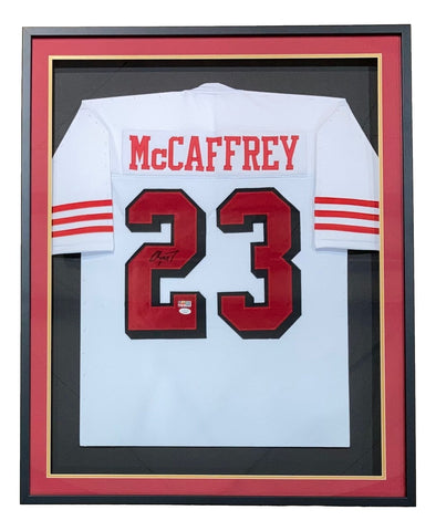 Christian McCaffrey San Francisco Signed Framed White Football Jersey JSA