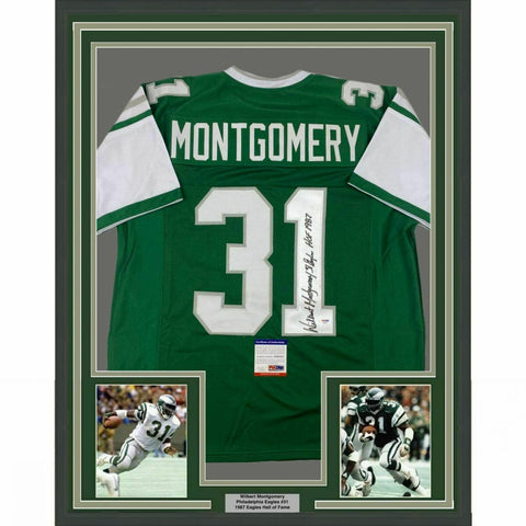 FRAMED Autographed/Signed WILBERT MONTGOMERY 33x42 Insc. Green Jersey PSA COA