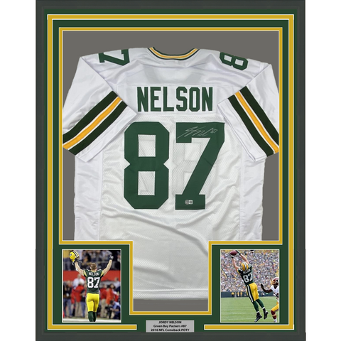 FRAMED Autographed/Signed JORDY NELSON 33x42 Green Bay White Football Jersey Bec