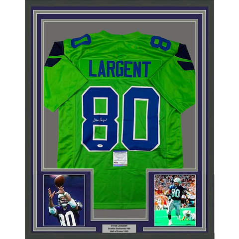 Framed Autographed/Signed Steve Largent 33x42 Seattle Green Jersey PSA/DNA COA