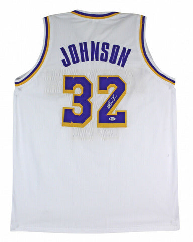 Magic Johnson Signed Los Angeles Lakers White Jersey (Beckett Holo) 5xNBA Champ