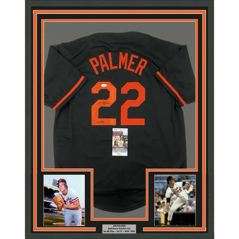 FRAMED Autographed/Signed JIM PALMER 33x42 Baltimore Black Jersey JSA COA Auto