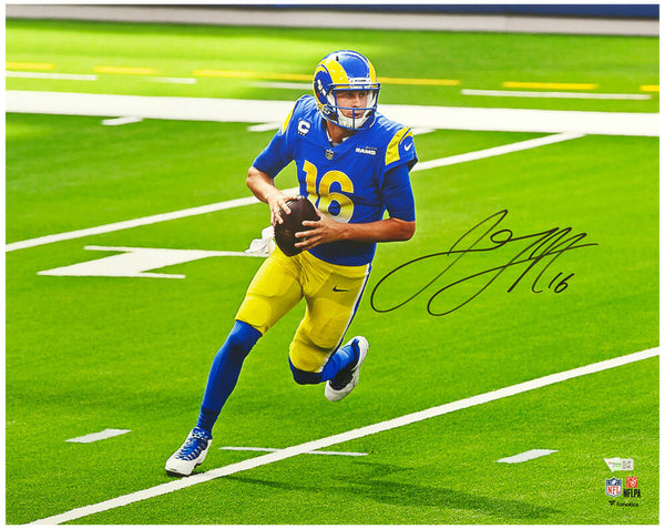 Jared Goff Signed Los Angeles Rams Blue Jersey Action 16x20 Photo (FANATICS COA)