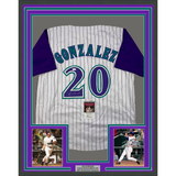 Framed Autographed/Signed Luis Gonzalez 33x42 Arizona Pinstripe Jersey JSA COA