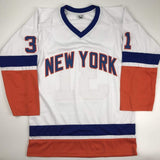 Autographed/Signed Billy Smith New York White Hockey Jersey JSA COA